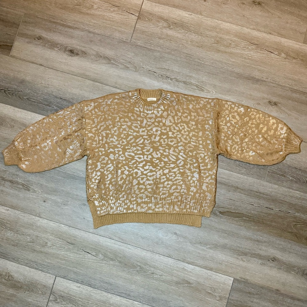 Woman’s Andthewhy Leopard Print Brown and Gold Sweater Size Medium/Large
